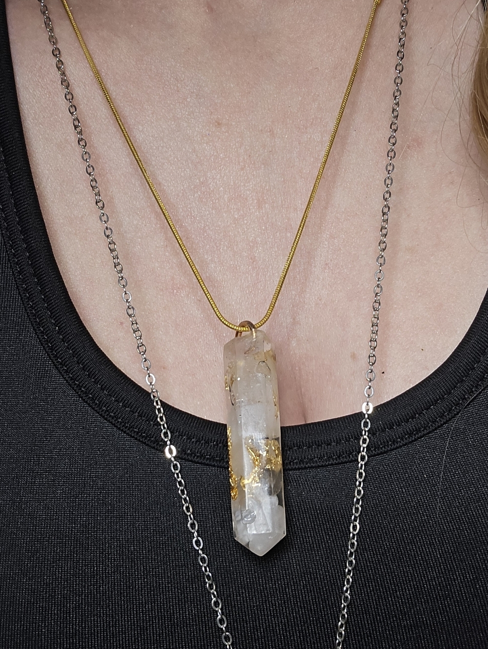Rose Quartz Obelisk Resin Pendant Necklace | Gold Foil Accent | 18KGP Chain
